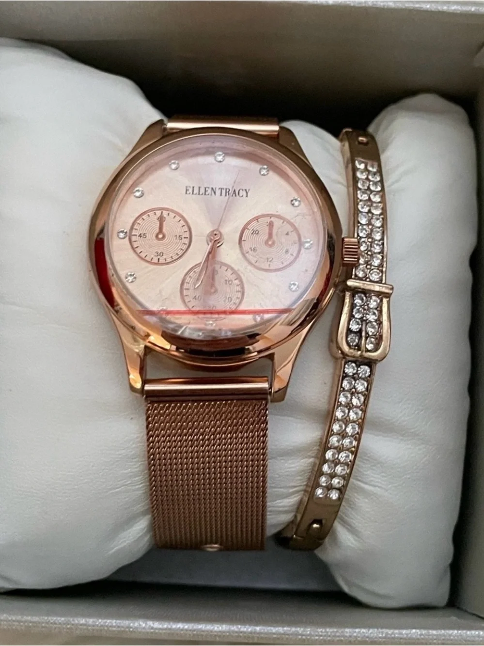 Ellen Tracy Rose Gold Watch with Crystal Accent Bracelet Set